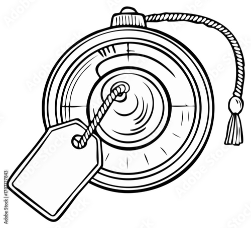 Vintage pocket watch with blank tag and tassel detail in a classic line art style