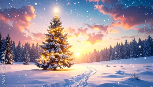 Wallpaper Mural Snowy Christmas tree landscape at sunrise Torontodigital.ca