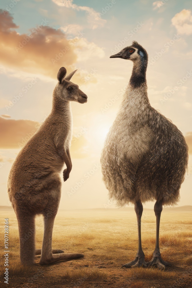Fototapeta premium Kangaroo and cassowary interaction
