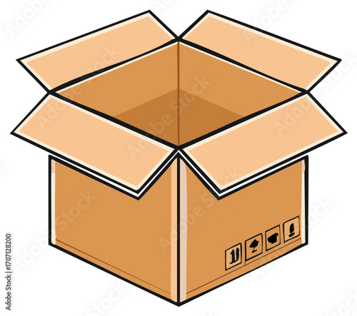 Illustration of an open empty cardboard box in a flat design style.
