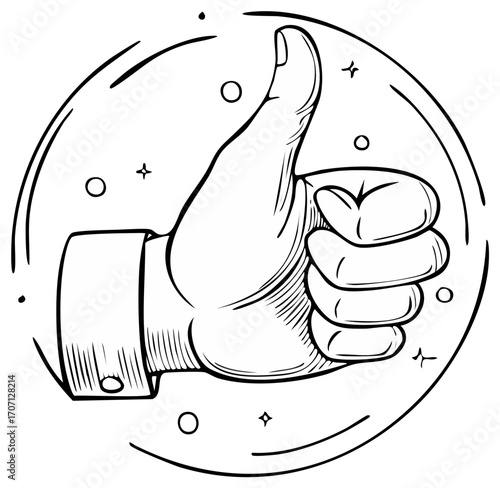 Hand giving a thumbs up gesture inside a circular frame with stylized sparkles and dots