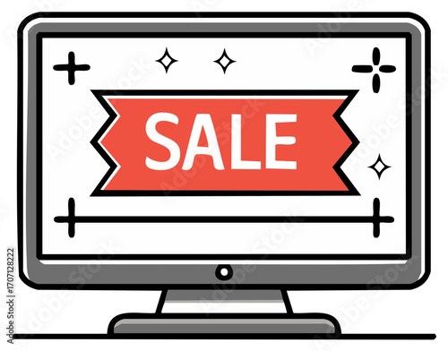 Desktop Monitor Displaying Sale Sign with Red Ribbon and Sparkling Icons