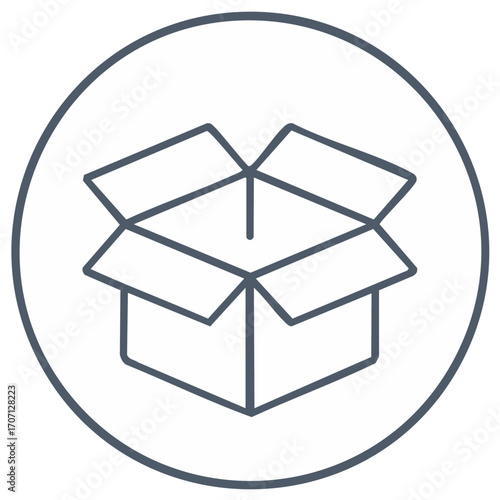 Open cardboard box icon in a circular frame symbolizing delivery shipping packaging or unboxing