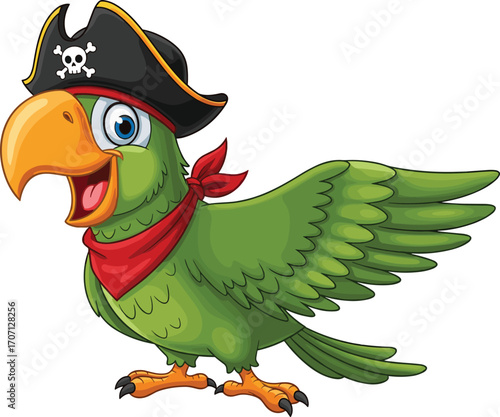 Cartoon pirate parrot with hat and red bandana, funny tropical bird mascot, isolated on white background for kids, adventure, or fantasy themes