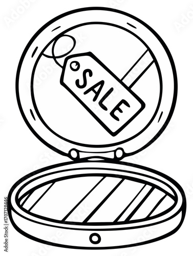 Compact mirror with sale tag outline drawing. Cosmetic container, price tag with text. Discount, shopping