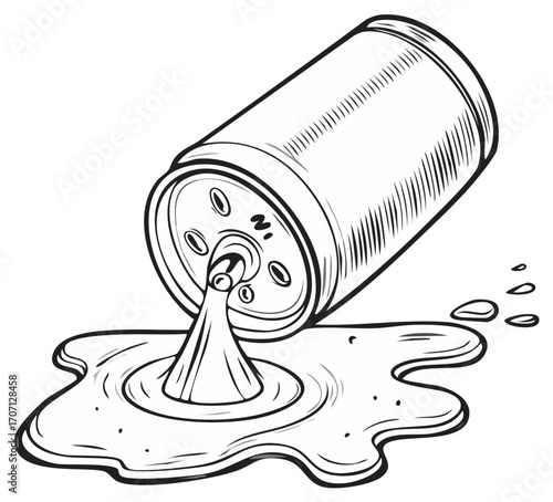 Ink illustration of spilled liquid and container, showing a leak