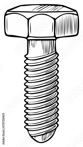 Detailed Black and White Hex Nut Illustration for Construction