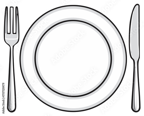 Illustration of an empty plate setting with fork and knife for food service