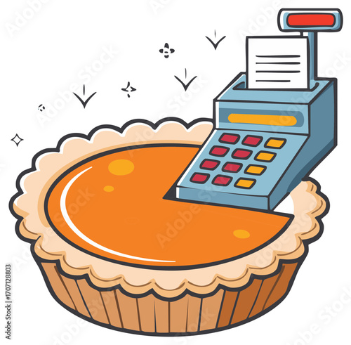 Cartoon pie with a cash register and missing slice, representing concepts of sales and business.