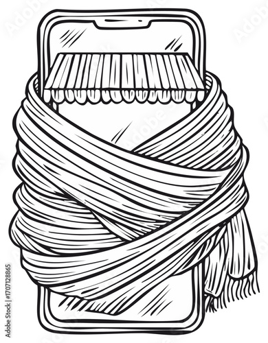 Doodle-style Smartphone with Awning Screen, Wrapped in a Thick Woolen Scarf, Winter Sales Concept Illustration
