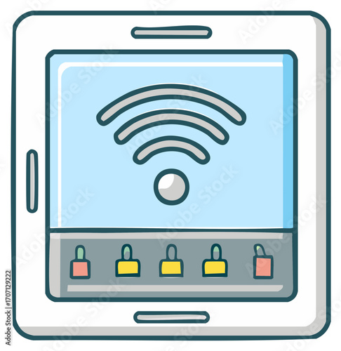 Stylized cartoon tablet displaying wireless network connection and internet security icons