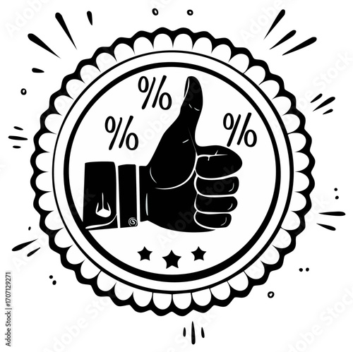 Illustrative Thumb Up Gesture in Circular Frame with Percentage Marks and Stars Signifying Quality