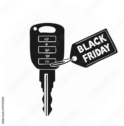 Modern car key with Black Friday sale tag symbolizing automotive discounts and special deals
