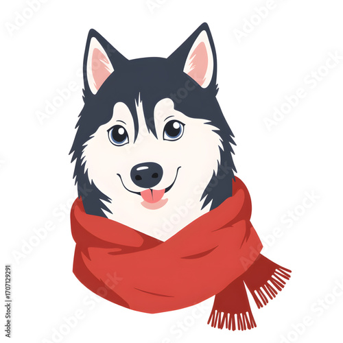 Siberian Husky wearing a red scarf, cozy winter illustration