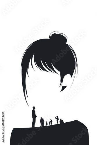 Silhouette of a woman’s head with family figures – psychology, childhood and inner world concept illustration