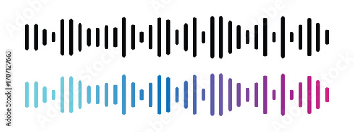 Podcast sound wave patterns with gradient waveform for audio broadcasting and streaming. Vibrant frequency bars from yellow through pink to purple display rhythm dynamics for media players in eps 10.