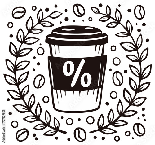 Coffee Cup with Percentage Sign Surrounded by Branches and Beans Simple Graphic