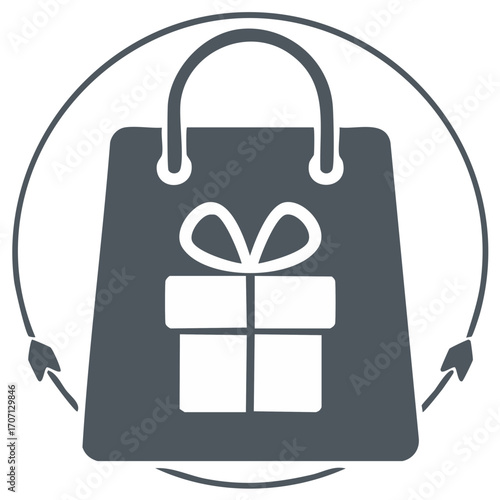 Shopping bag with gift inside and circular arrow indicating return or exchange
