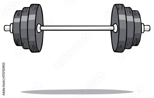 Cartoon barbell with weight plates, illustration for fitness or gym concept.