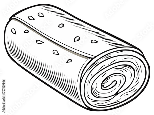 Hand-drawn illustration of a rolled flatbread with seeds. Traditional wrap.  Line art drawing of a sandwich or crepe. Vector illustration.
