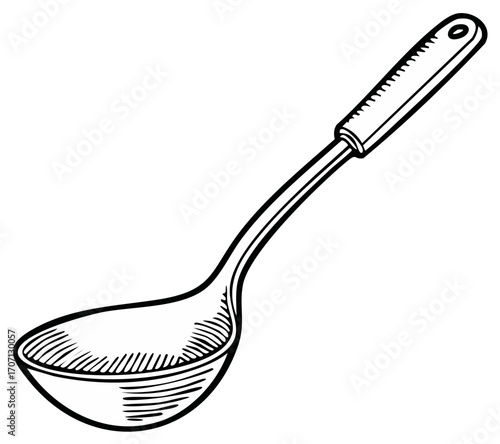 Black and white drawing of a kitchen ladle utensil illustration