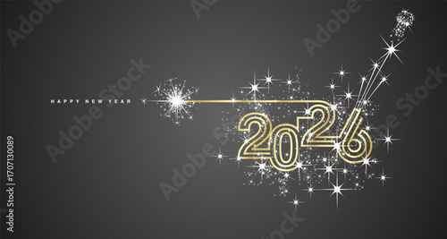 New year event 2026 compact white triple line design white sparkle firework champagne open new year eve golden black vector wallpaper greeting card