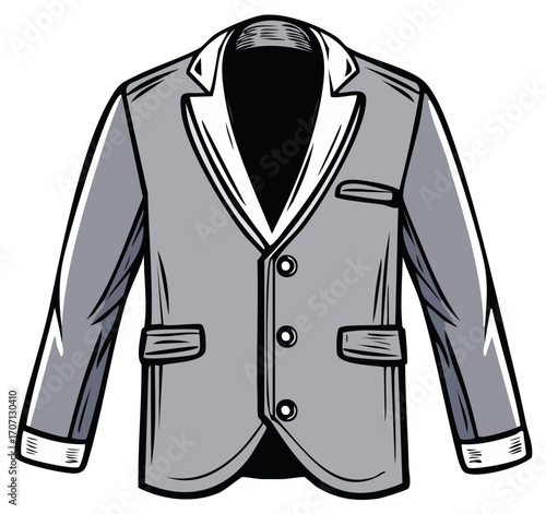 Elegant Grey Suit Jacket with White Lapels and Trim, Classic Formalwear, Stylish and Refined