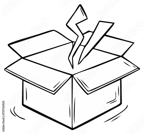 Creative power burst lightning bolt emerging from an open cardboard box illustration