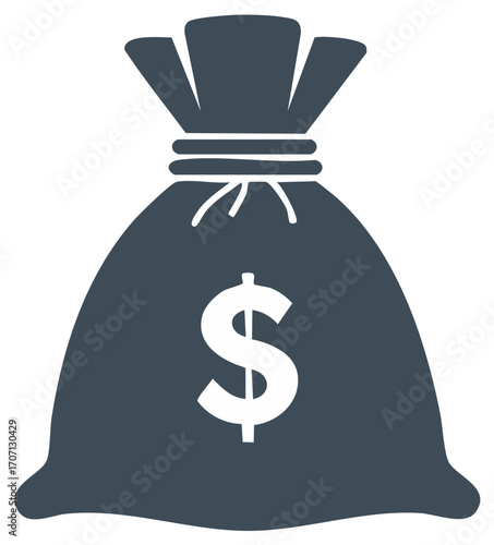 Dark blue money bag with dollar sign icon representing finance wealth and economic success