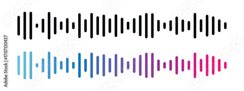 Gradient podcast sound wave visualization with blue purple pink frequency bars for audio interfaces. Dynamic waveform patterns for music streaming apps, recording software or media players in eps 10.