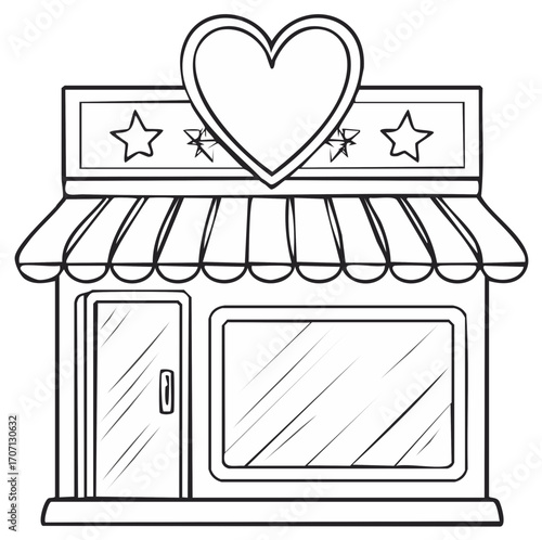 Charming shop facade with awning and heart emblem above store windows