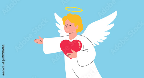 An angelic figure extending an open hand while holding a vibrant red heart as a symbol of love and compassion.