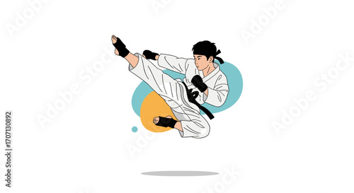 Martial arts fighter performing a powerful high kick in a dynamic pose. This action shot captures the essence of discipline and athleticism.