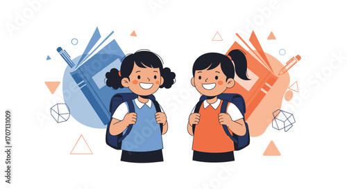 Two smiling girls with backpacks in front of open books ready for education.