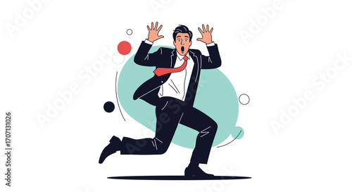 Man in a business suit running away in fear with his hands up.