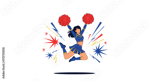 A cheerful cheerleader leaps with enthusiasm holding two red pom-poms aloft.