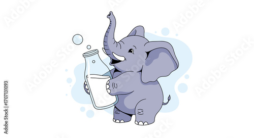 A playful baby elephant enjoys drinking milk from a bottle.