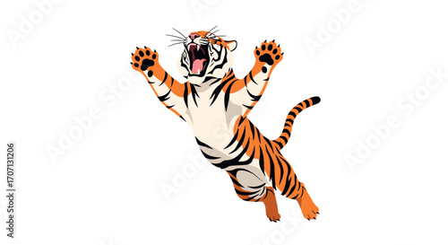 A fierce tiger leaps with open mouth and extended claws ready to attack.