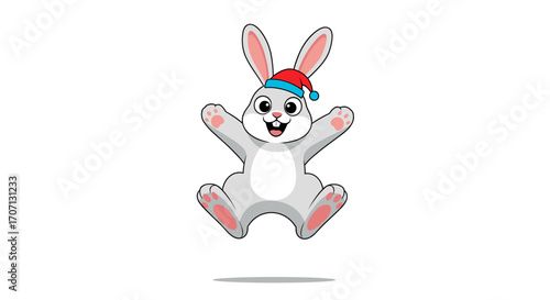 A cute cartoon rabbit wearing a Santa hat jumps joyfully in the air celebrating the holiday season.