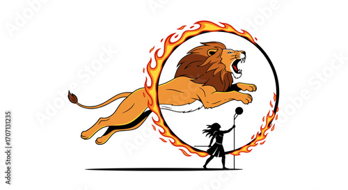 A courageous lion leaps through a fiery hoop guided by a circus performer.