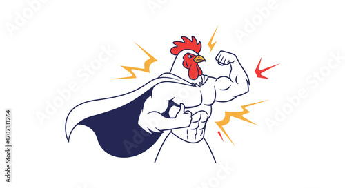 A strong superhero rooster flexing its muscles with a cape on a white background.