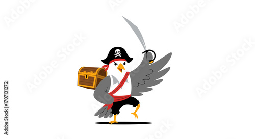 A cartoon bird dressed as a pirate carrying a treasure chest and holding a sword.