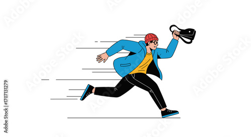 Man in red hat and blue jacket running quickly with a bag.