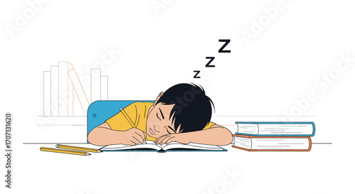 A young student struggles with exhaustion while trying to study at a desk with books.