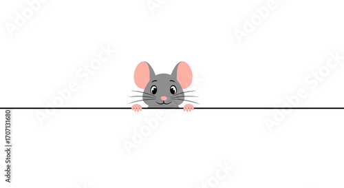 A cute gray mouse peeks over a blank white surface with a curious expression.