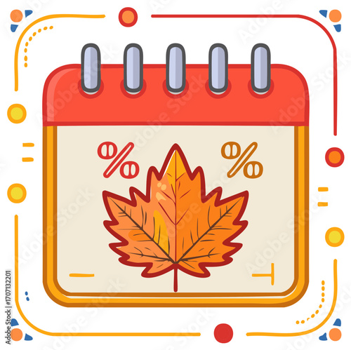 Autumn Sale Calendar with Maple Leaf and Percent Symbol Vector Illustration