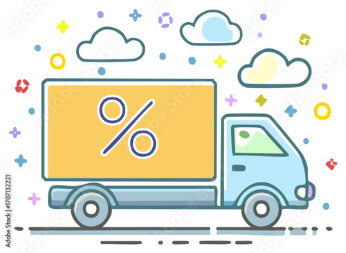 Delivery truck carrying a percentage sign with clouds and stars, vector illustration