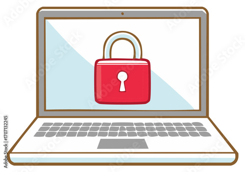 Laptop computer with a large red padlock on the screen illustrating cybersecurity and data protection