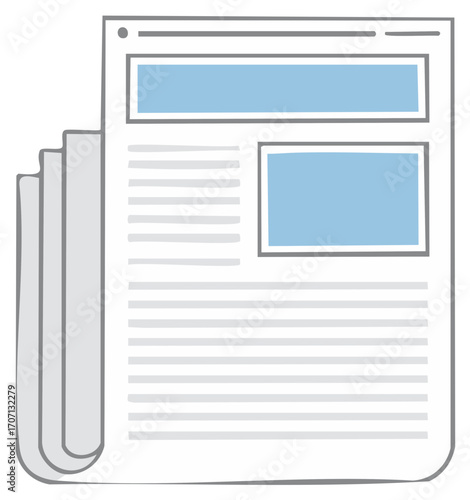 Stylized stack of abstract documents featuring text and blue content blocks for information design