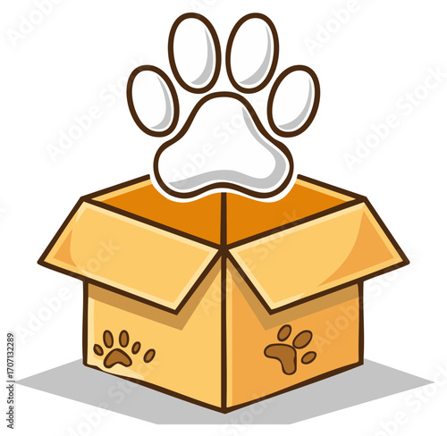 Cardboard box with paw print icon on top and paw prints on the side symbolizing pets and delivery